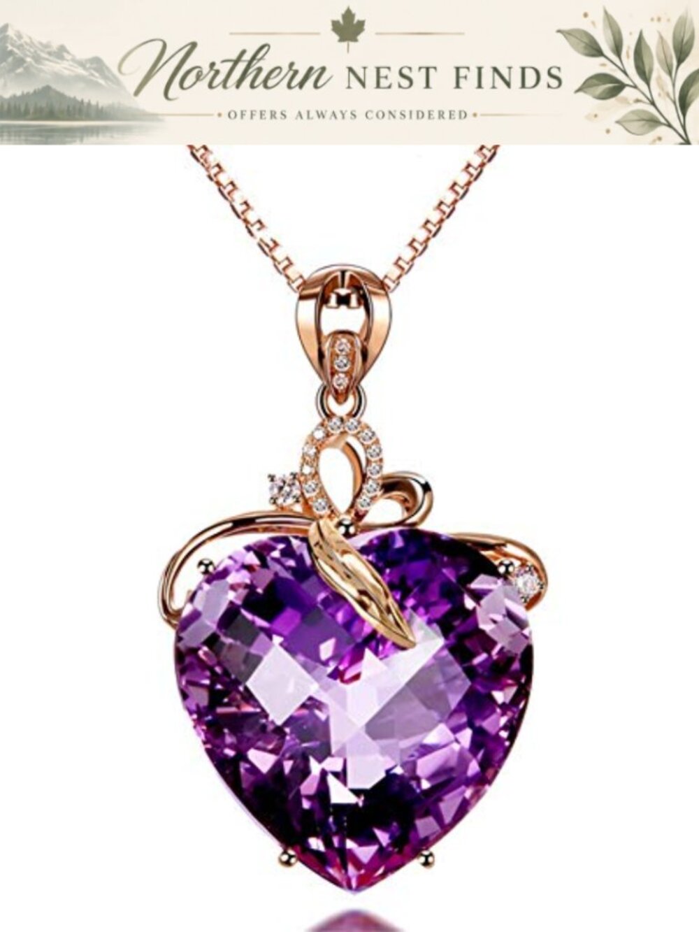 18K Rose Gold Plated Heart Pendant Necklace Natural Amethyst Gift
